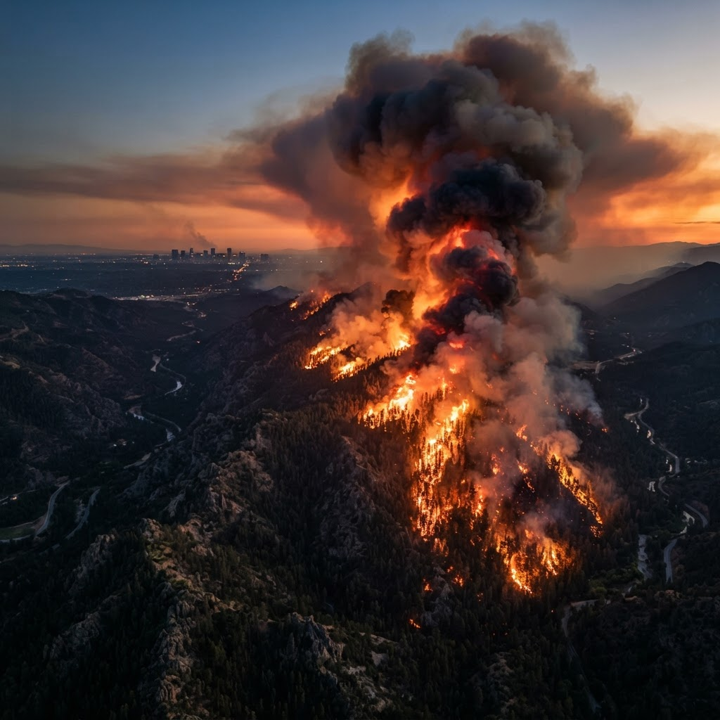 Wildfire smoke over a city skyline